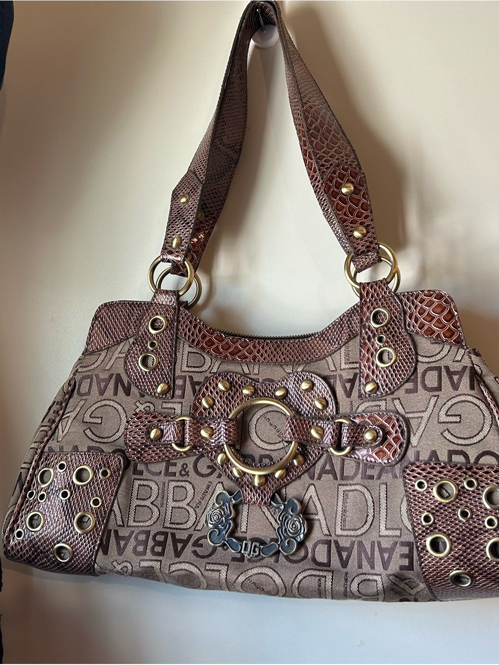 Dolce & Gabbana Brown Logo Jacquard Shoulder Bag with Gold Hardware